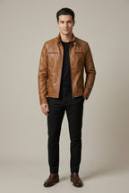 Adrian - Men's Stand Collar Leather Zip-Up Jacket