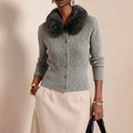 Amelie - Women's Ribbed Faux Fur Collar Cardigan
