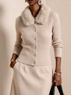 Amelie - Women's Ribbed Faux Fur Collar Cardigan