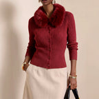 Amelie - Women's Ribbed Faux Fur Collar Cardigan
