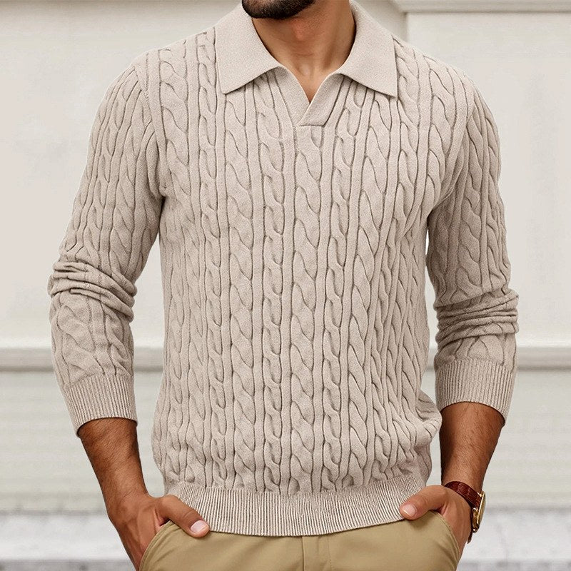 Aron - Men's Cable Knit V-Neck Polo Sweater
