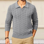Aron - Men's Cable Knit V-Neck Polo Sweater