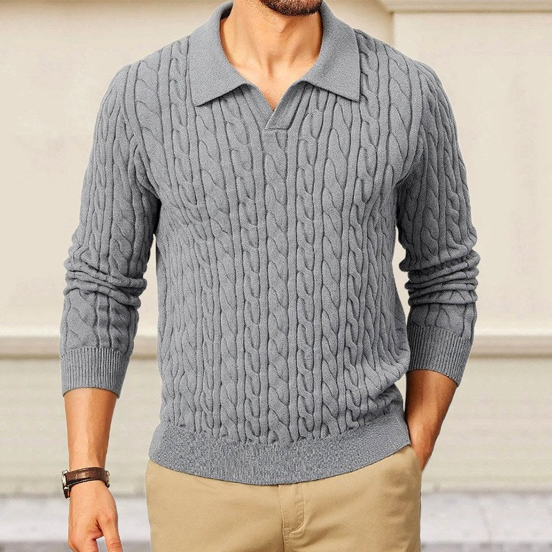 Aron - Men's Cable Knit V-Neck Polo Sweater