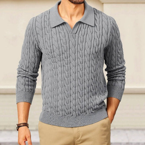 Aron - Men's Cable Knit V-Neck Polo Sweater
