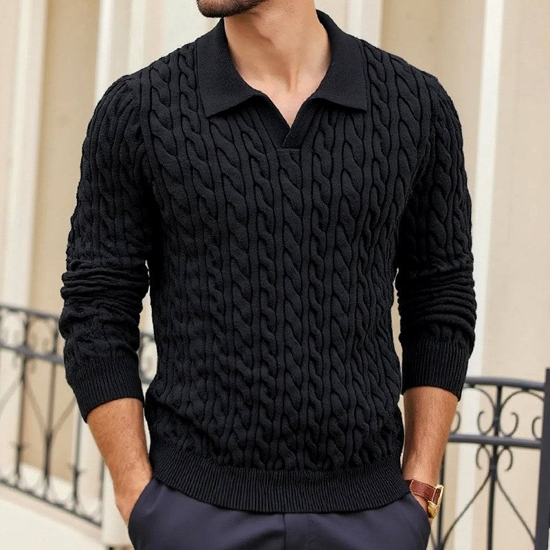 Aron - Men's Cable Knit V-Neck Polo Sweater