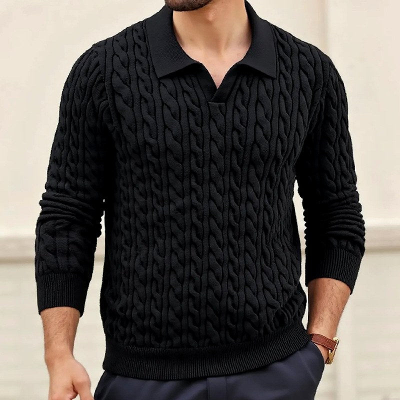 Aron - Men's Cable Knit V-Neck Polo Sweater