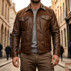 Bryson - Men's Leather Collared Trucker Jacket