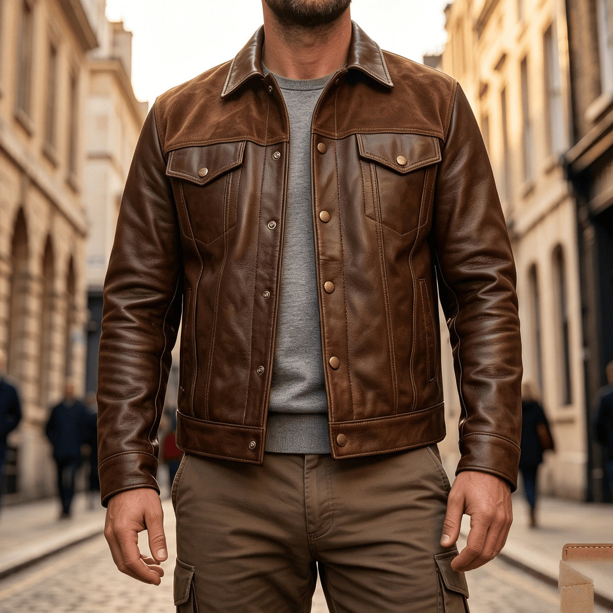 Bryson - Men's Leather Collared Trucker Jacket
