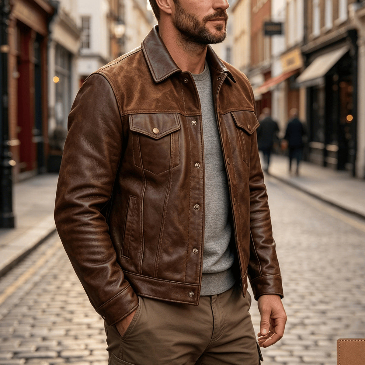 Bryson - Men's Leather Collared Trucker Jacket