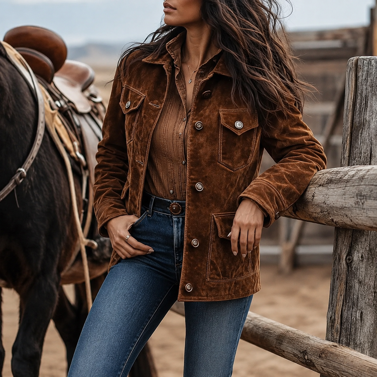 Carmela - Women's Suede Button-Front Jacket with Flap Pockets