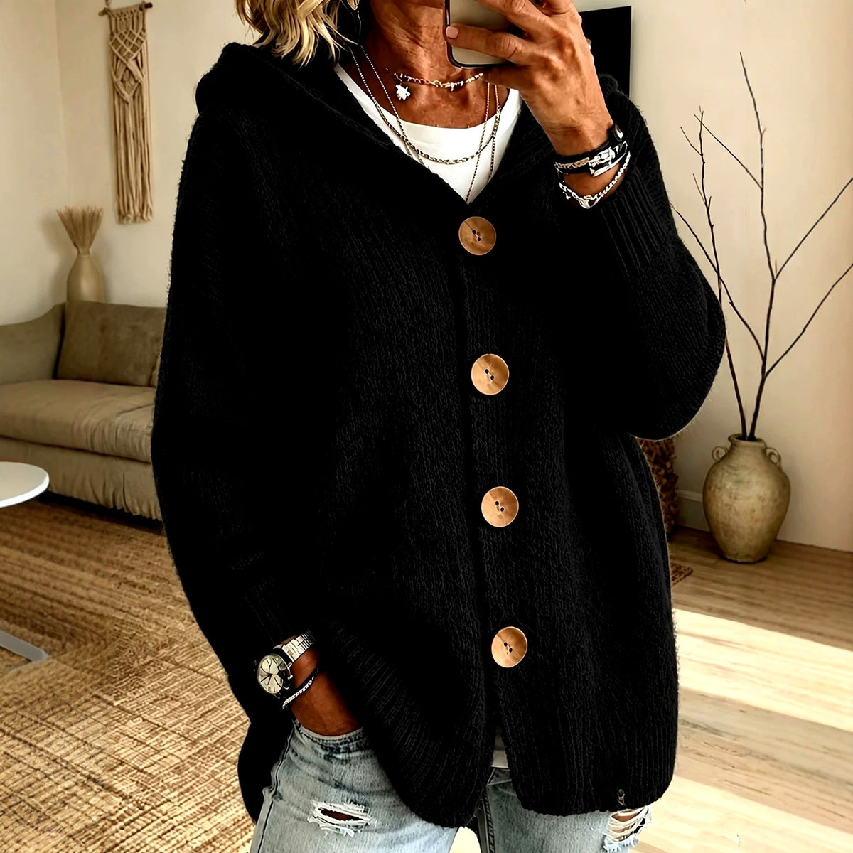 Glenda - Women's Oversized Hooded Button-Front Knit Cardigan