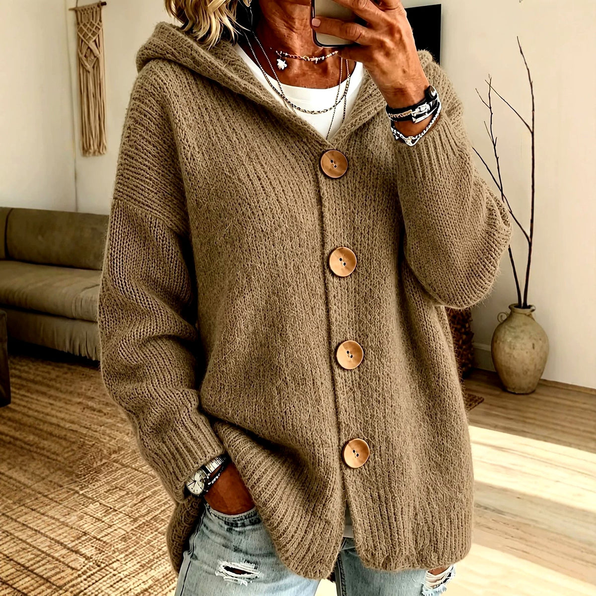 Glenda - Women's Oversized Hooded Button-Front Knit Cardigan