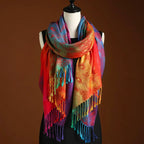 Kyla- Women's Peacock Jacquard Shawl with Knotted Fringe Trim