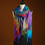 Kyla- Women's Peacock Jacquard Shawl with Knotted Fringe Trim
