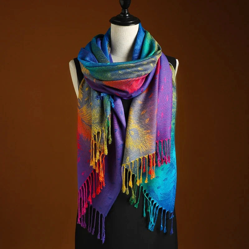 Kyla- Women's Peacock Jacquard Shawl with Knotted Fringe Trim
