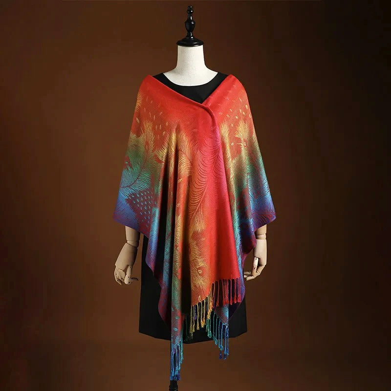Kyla- Women's Peacock Jacquard Shawl with Knotted Fringe Trim