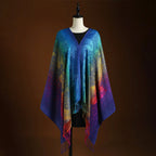 Kyla- Women's Peacock Jacquard Shawl with Knotted Fringe Trim