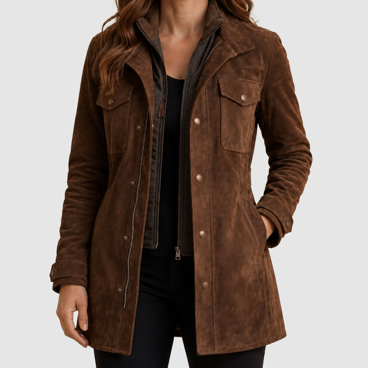 Millie - Women's Suede Longline Jacket with Snap-Flap Pockets