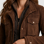 Millie - Women's Suede Longline Jacket with Snap-Flap Pockets