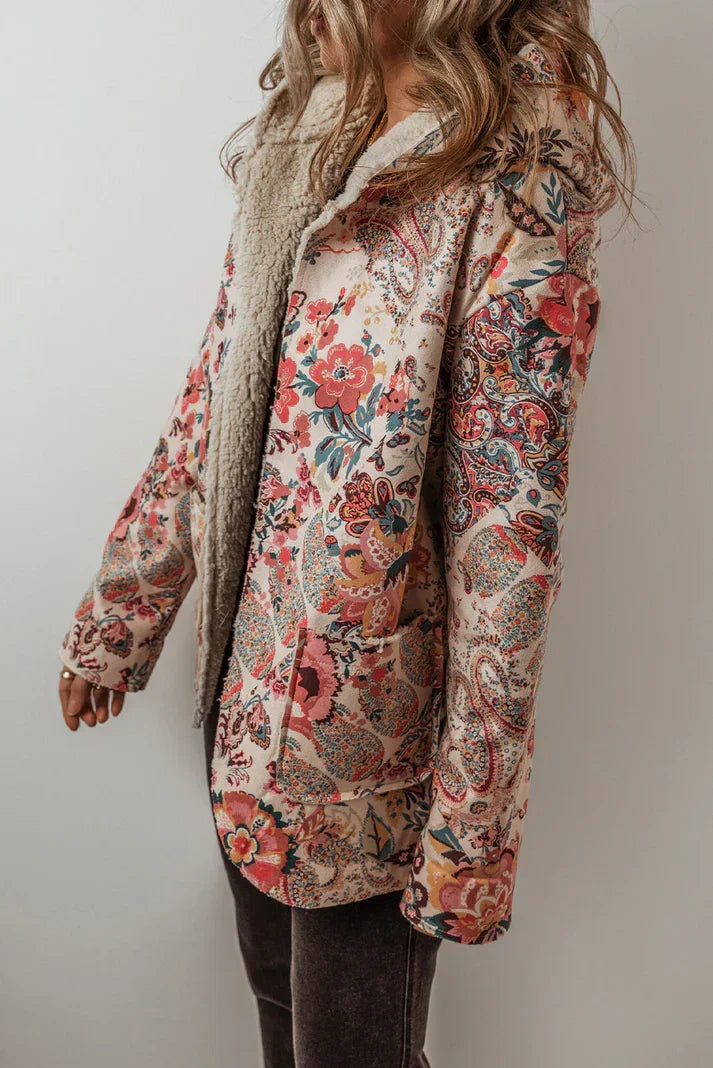 Tessa - Women's Floral Paisley Button-Front Blazer with Sherpa Lining