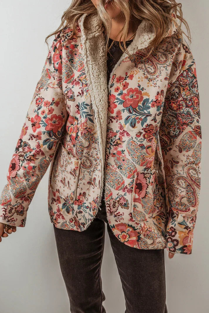 Tessa - Women's Floral Paisley Button-Front Blazer with Sherpa Lining