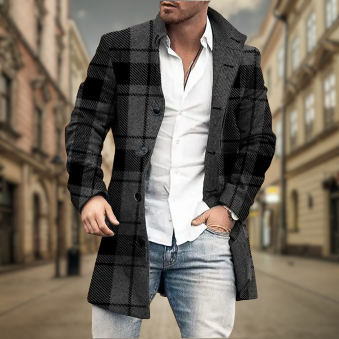 Adam - Men's Button-Front Wool Overcoat with Notch Lapels