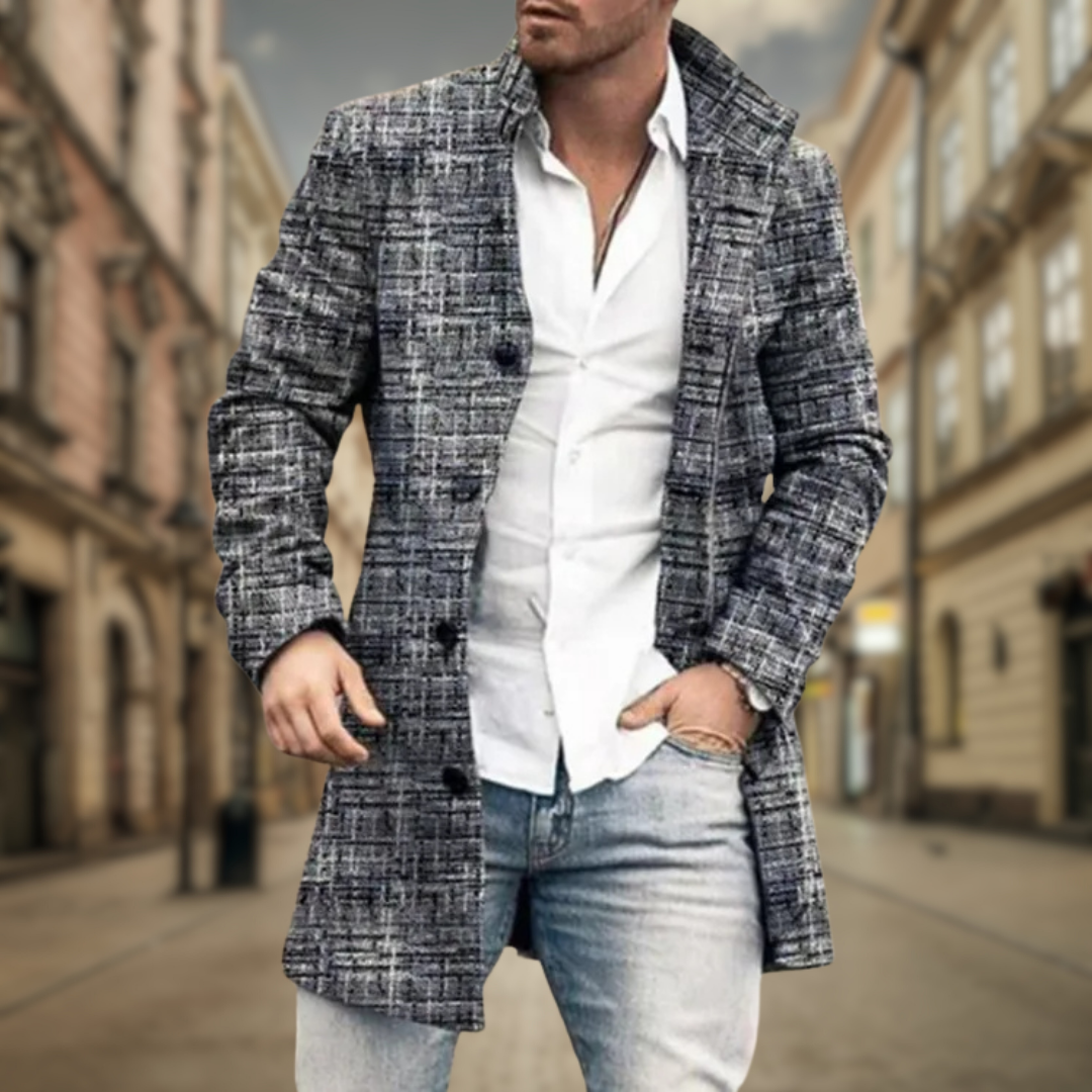 Adam - Men's Button-Front Wool Overcoat with Notch Lapels