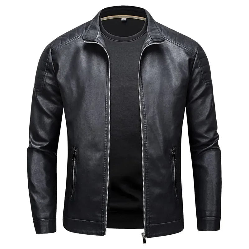 Adrian - Men's Zip-Front Leather Jacket with Stand Collar