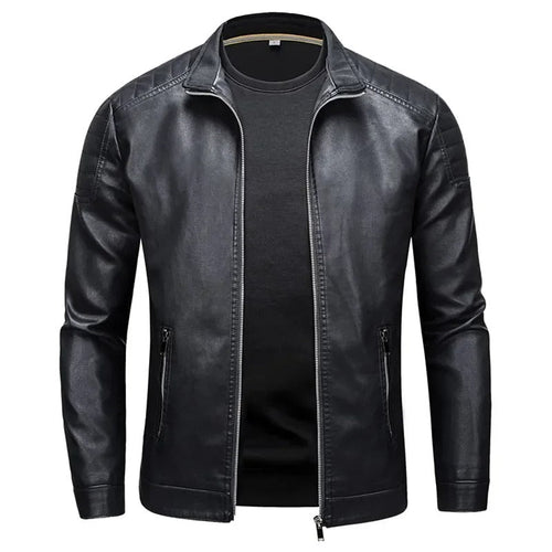 Adrian - Men's Zip-Front Leather Jacket with Stand Collar