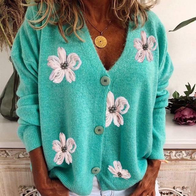 Ailany - Women's Floral Embroidered Button-Front Cardigan