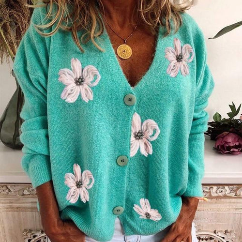 Ailany - Women's Floral Embroidered Button-Front Cardigan