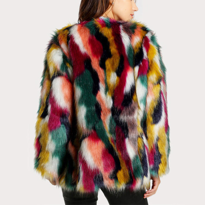 Ailyn - Women's Bold Patchwork Plush Faux-Fur Statement Jacket
