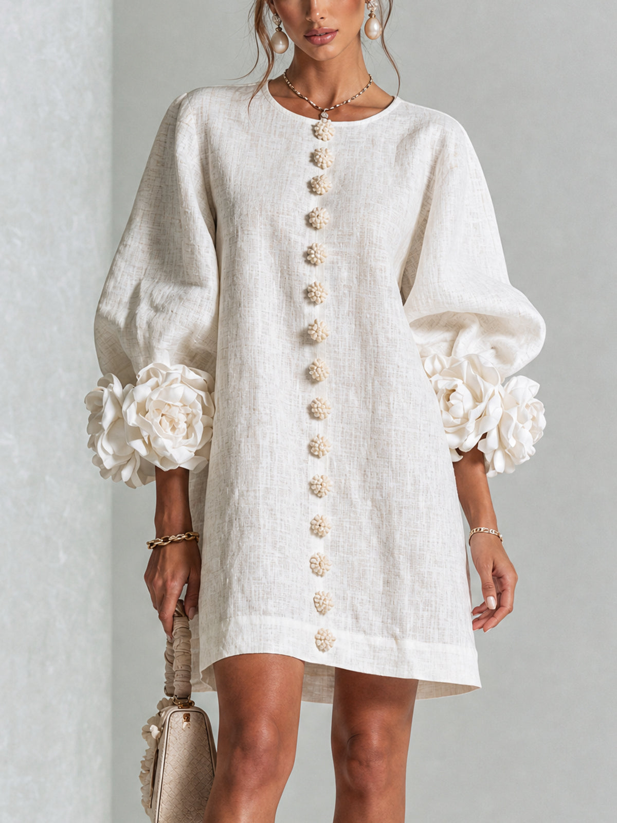 Aimee - Women's Button-Front Shift Dress with Sculptural Rose Cuffs