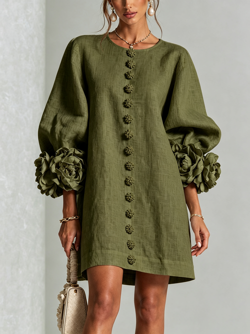 Aimee - Women's Button-Front Shift Dress with Sculptural Rose Cuffs