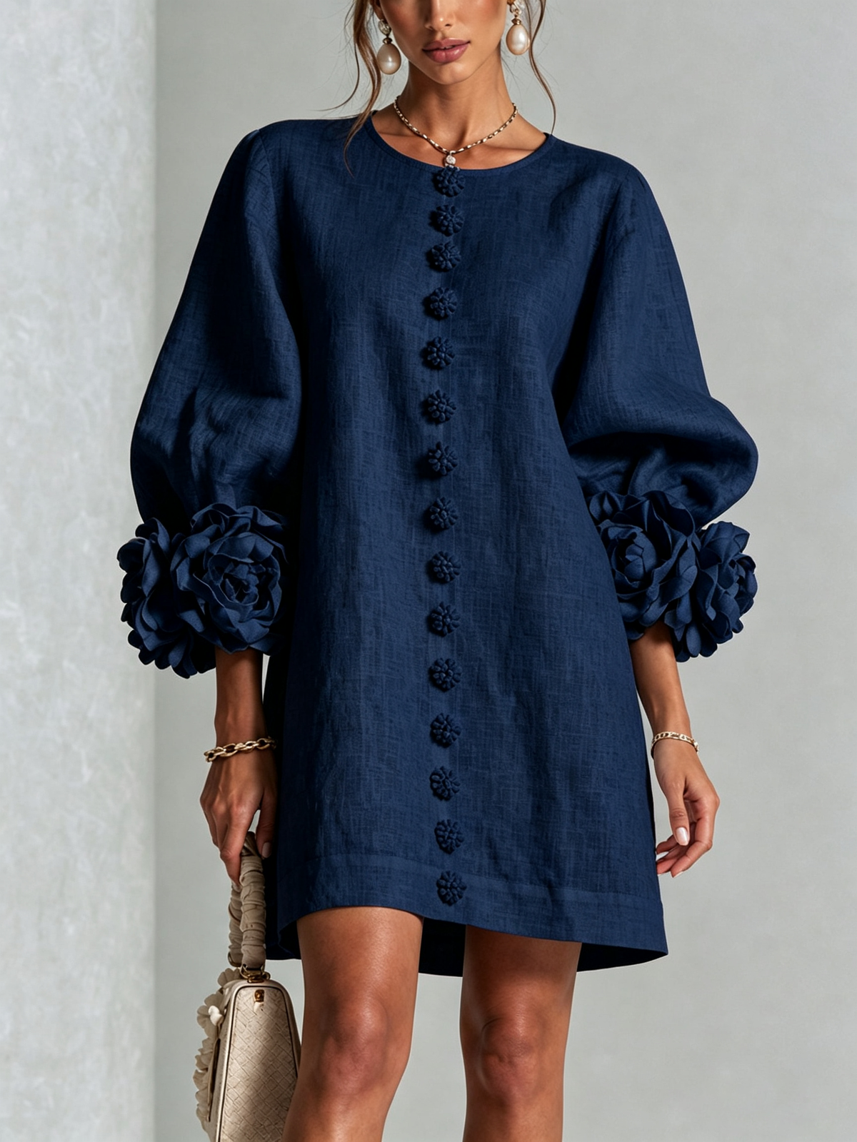 Aimee - Women's Button-Front Shift Dress with Sculptural Rose Cuffs