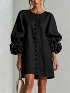 Aimee - Women's Button-Front Shift Dress with Sculptural Rose Cuffs