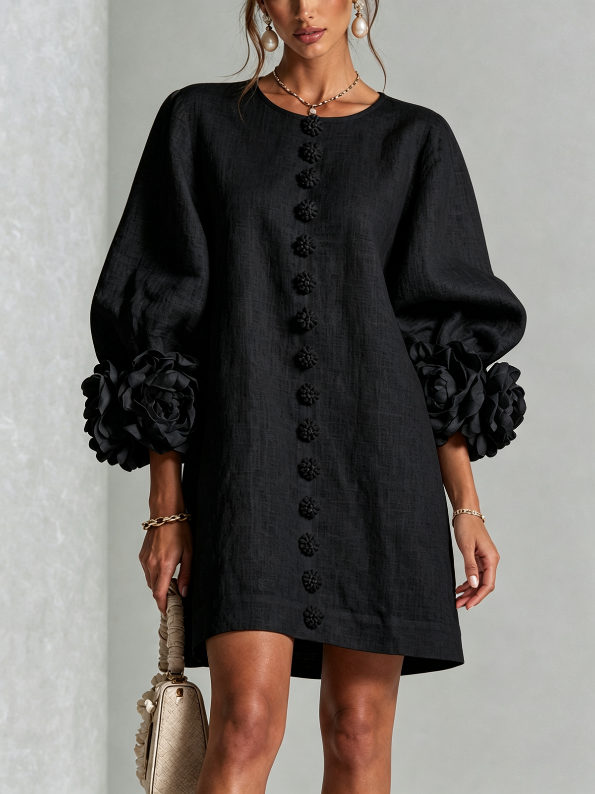Aimee - Women's Button-Front Shift Dress with Sculptural Rose Cuffs