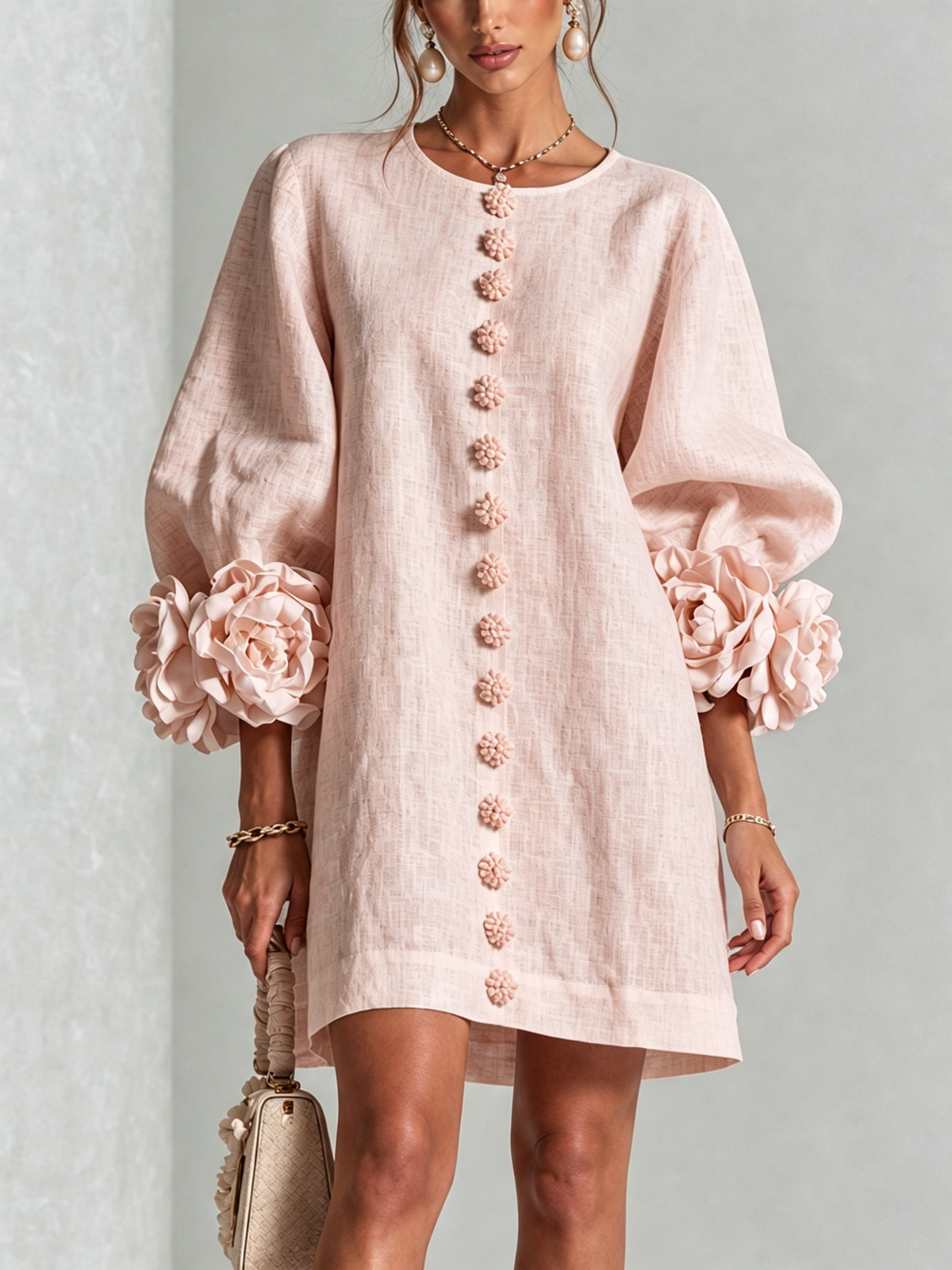 Aimee - Women's Button-Front Shift Dress with Sculptural Rose Cuffs