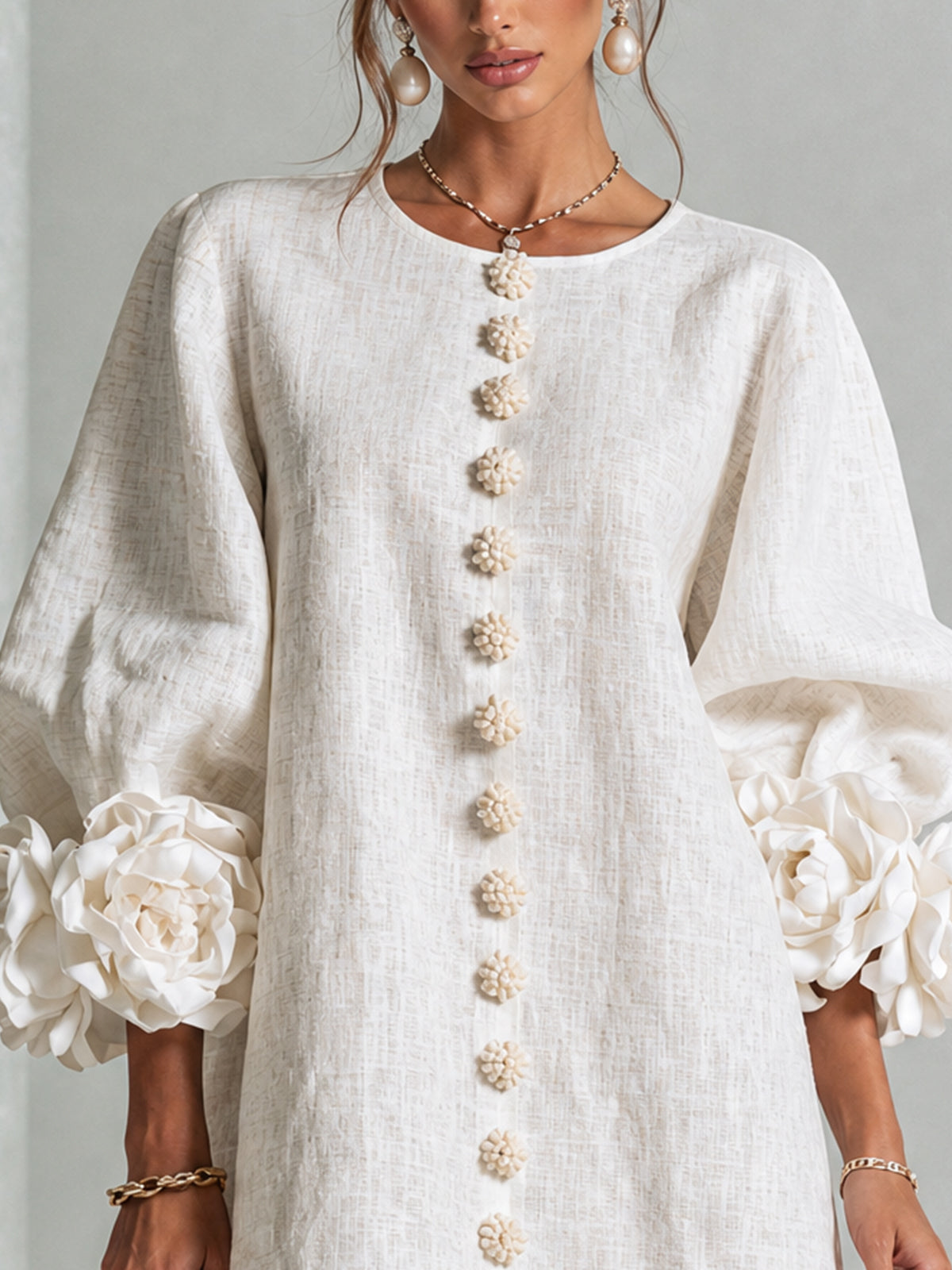 Aimee - Women's Button-Front Shift Dress with Sculptural Rose Cuffs