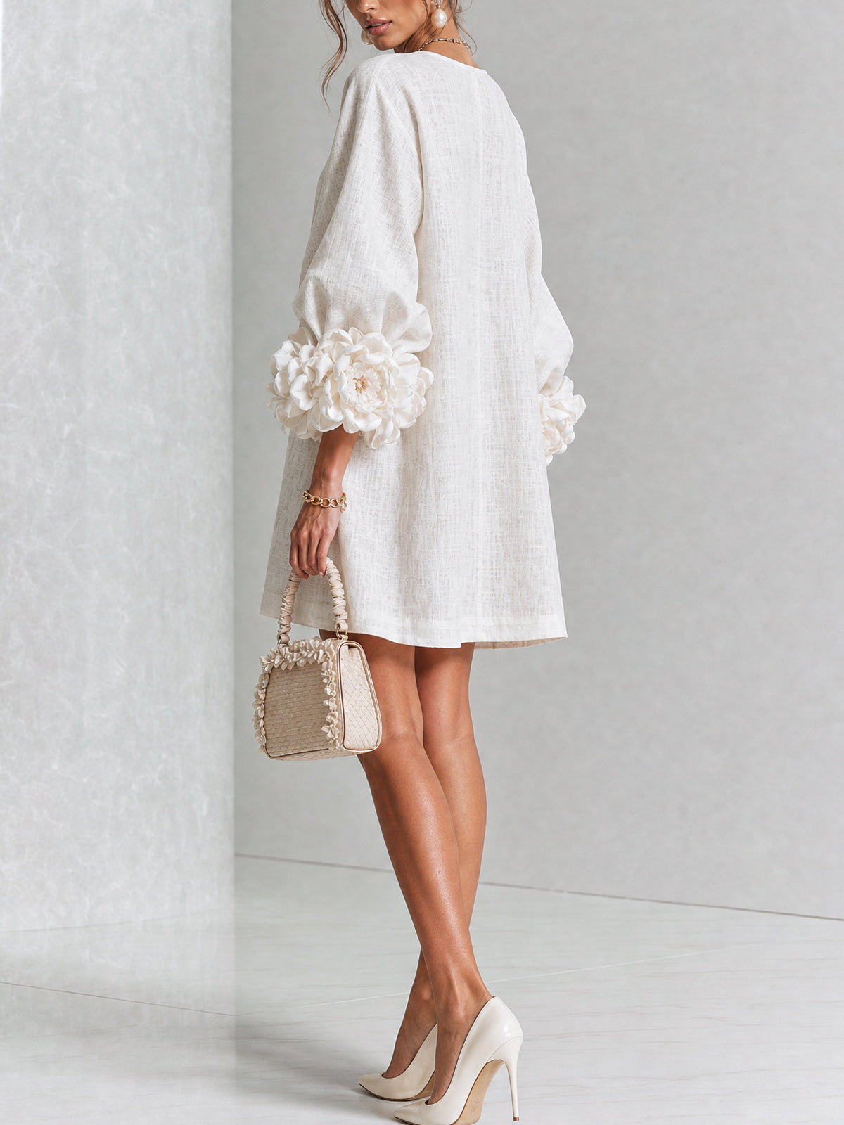 Aimee - Women's Button-Front Shift Dress with Sculptural Rose Cuffs