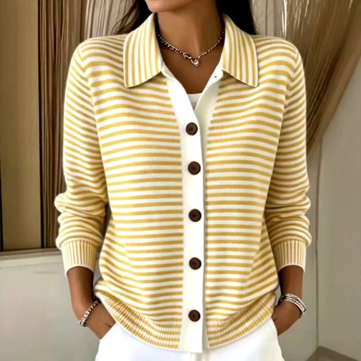 Alma - Women's Striped Collared Button-Front Cardigan 2