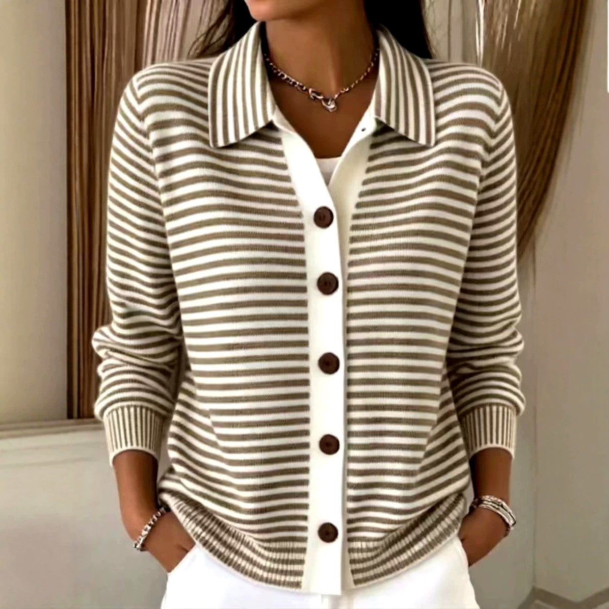Alma - Women's Striped Collared Button-Front Cardigan 3