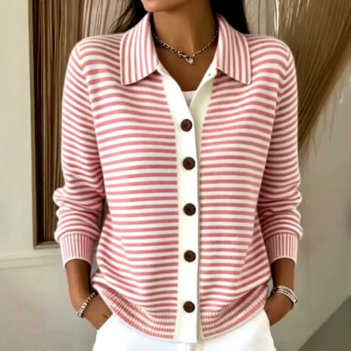 Alma - Women's Striped Collared Button-Front Cardigan 4