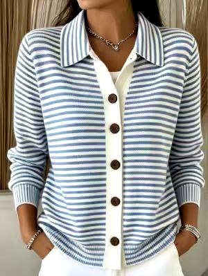 Alma - Women's Striped Collared Button-Front Cardigan 5