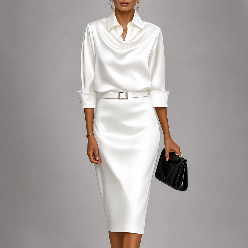 Angel - Women's Draped Cowl Neck Satin Midi Dress