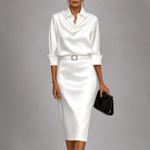 Angel - Women's Draped Cowl Neck Satin Midi Dress