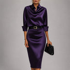 Angel - Women's Draped Cowl Neck Satin Midi Dress