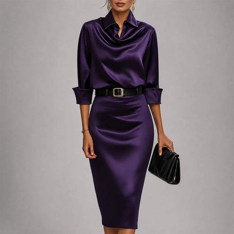 Angel - Women's Draped Cowl Neck Satin Midi Dress