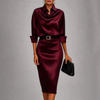Angel - Women's Draped Cowl Neck Satin Midi Dress