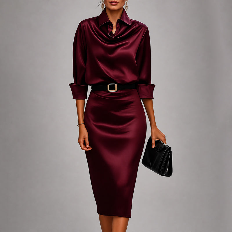 Angel - Women's Draped Cowl Neck Satin Midi Dress